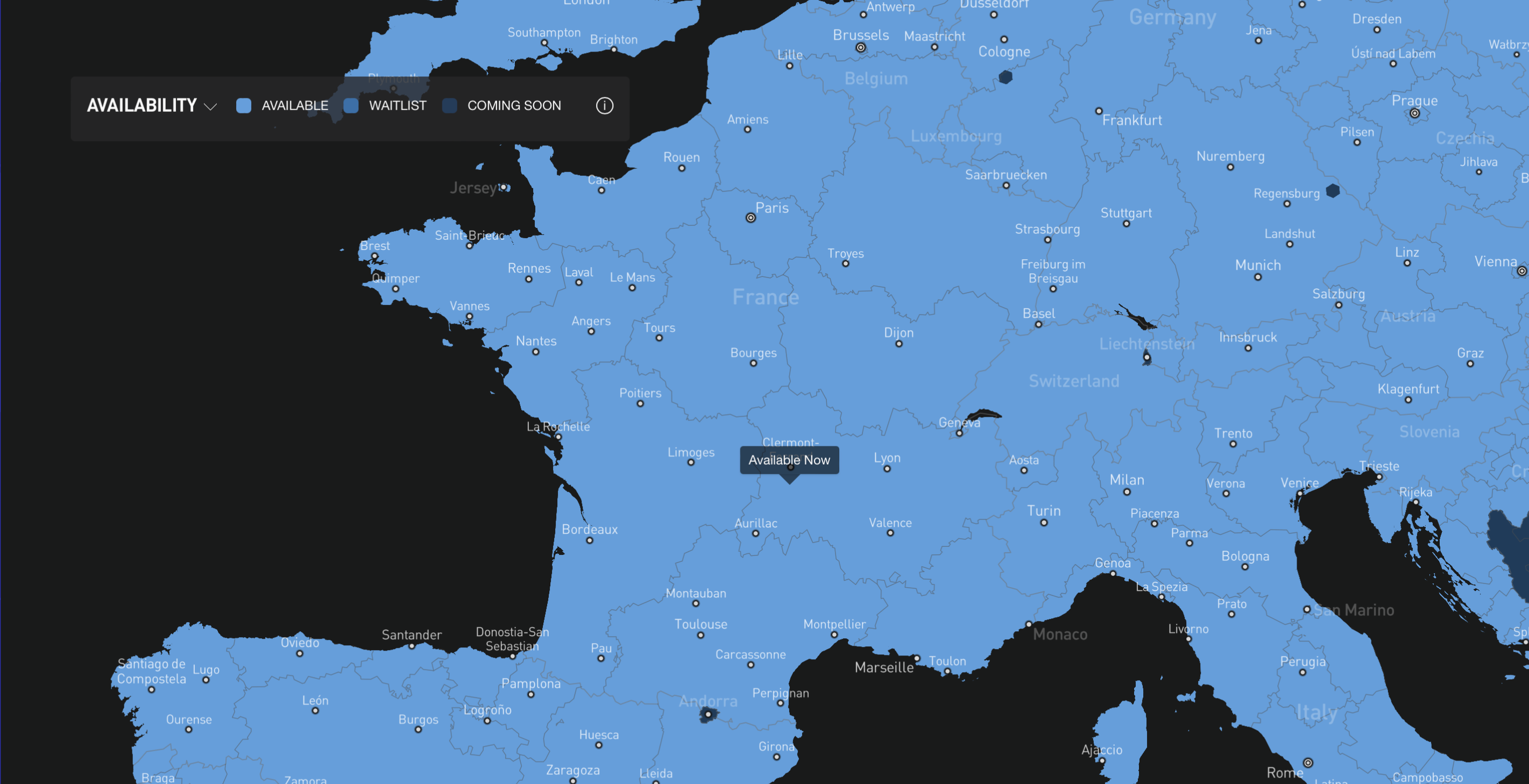 Carte géographique des disponibilités de starlink en France